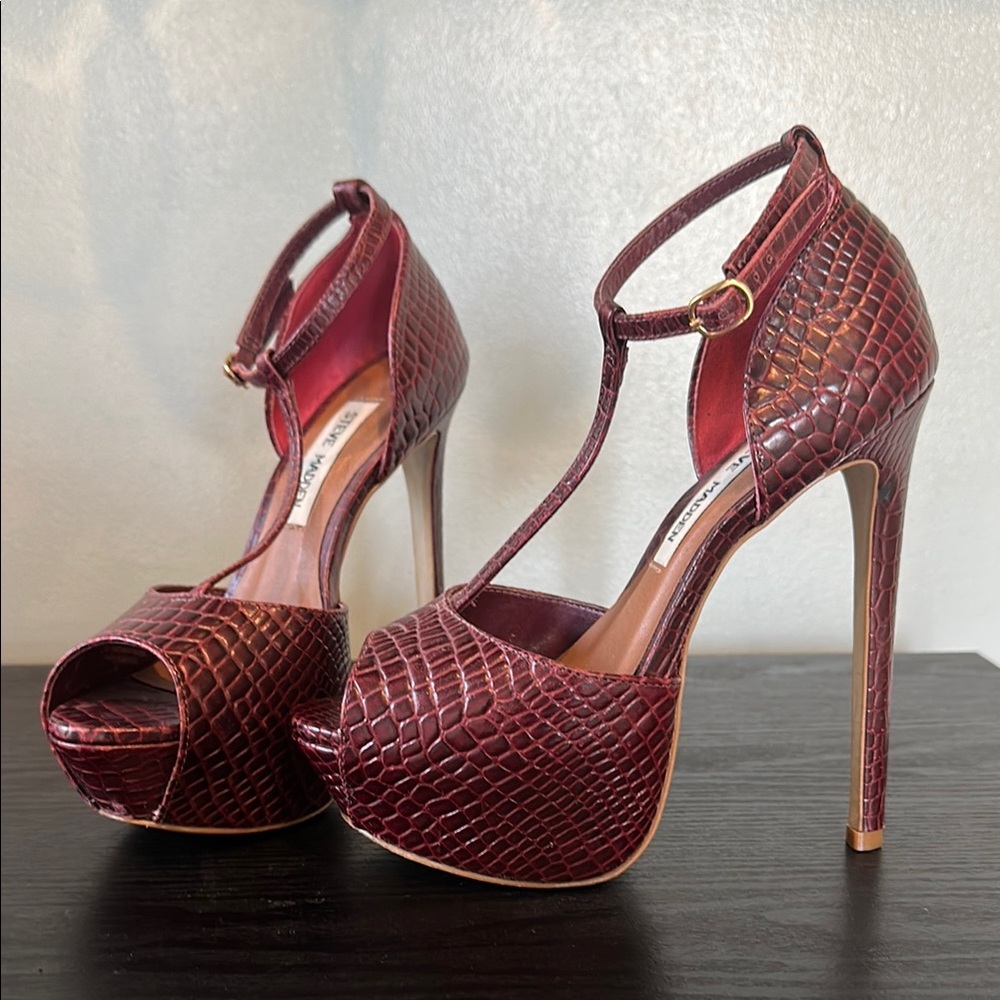 Elegant Burgundy T-Strap Platform Heels